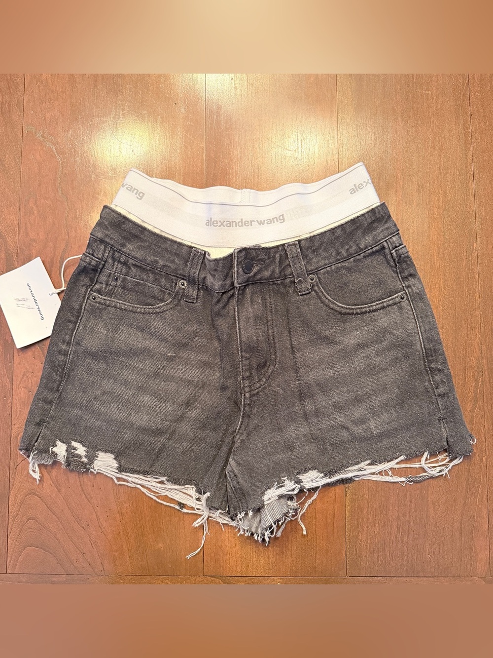 Alexander Wang Logo Waistband Denim Shorts Black Raw Hem Distressed NWT Size 25